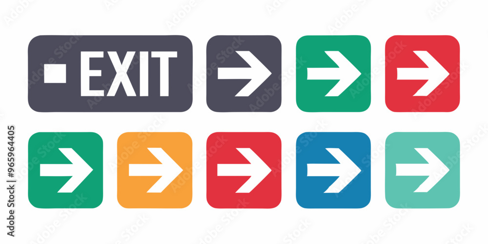 Exit set - icon with arrow pointing outwards, white background Exit set - icon with arrow pointing outwards, white background