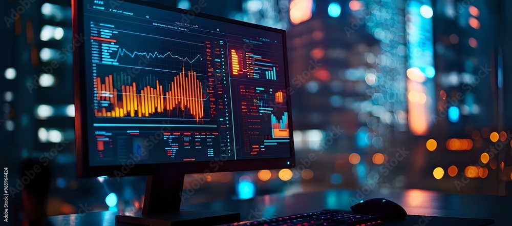 A close-up shot of a computer screen displaying graphs and charts, with a blurred city lights background. A close-up shot of a computer screen displaying graphs and charts, with a blurred city lights background.