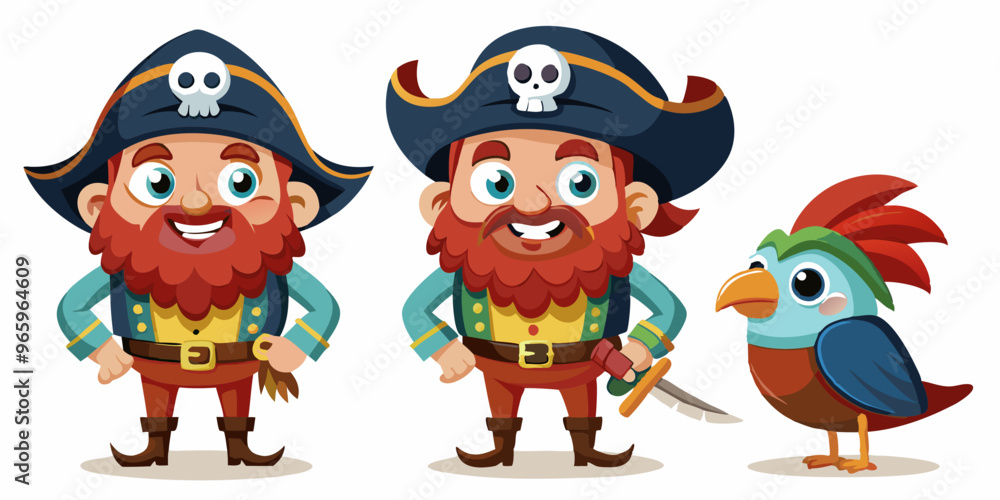 set of character cartoon character pirate and his parrot, from different angles, white background