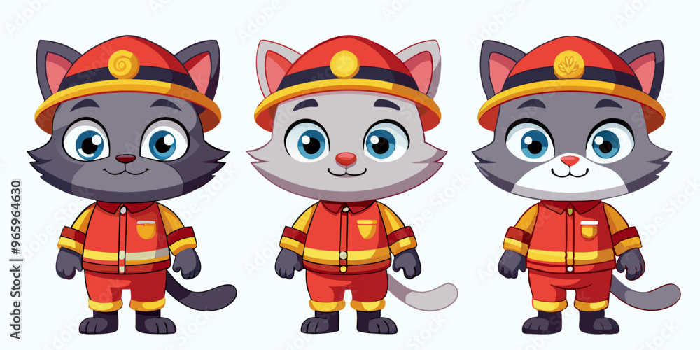 set of cartoon cat character in a fireman costume, white background set of cartoon cat character in a fireman costume, white background
