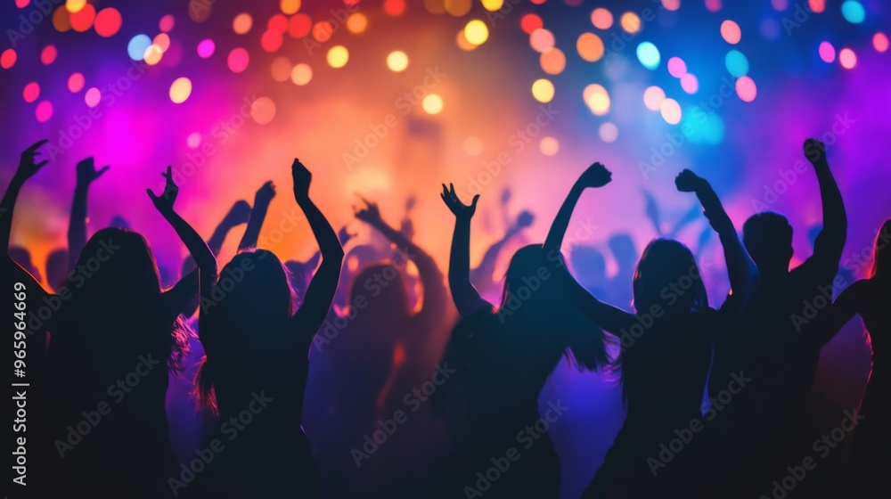 Happy people dance in nightclub DJ party concert and listen to electronic dancing music from DJ on the stage. Silhouette cheerfull Happy people dance in nightclub DJ party concert and listen to electronic dancing music from DJ on the stage. Silhouette cheerfull