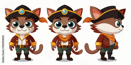 set of cartoon cat character dressed as a traveler explorer, white background