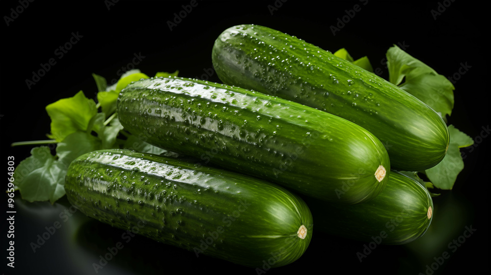 Cucumber Freshness: A vibrant green cucumber with dew drops on its skin, nestled amongst fresh leaves, ready to be enjoyed. The cucumber's smooth, plump texture is highlighted against a dark backgro Cucumber Freshness: A vibrant green cucumber with dew drops on its skin, nestled amongst fresh leaves, ready to be enjoyed. The cucumber's smooth, plump texture is highlighted against a dark backgro