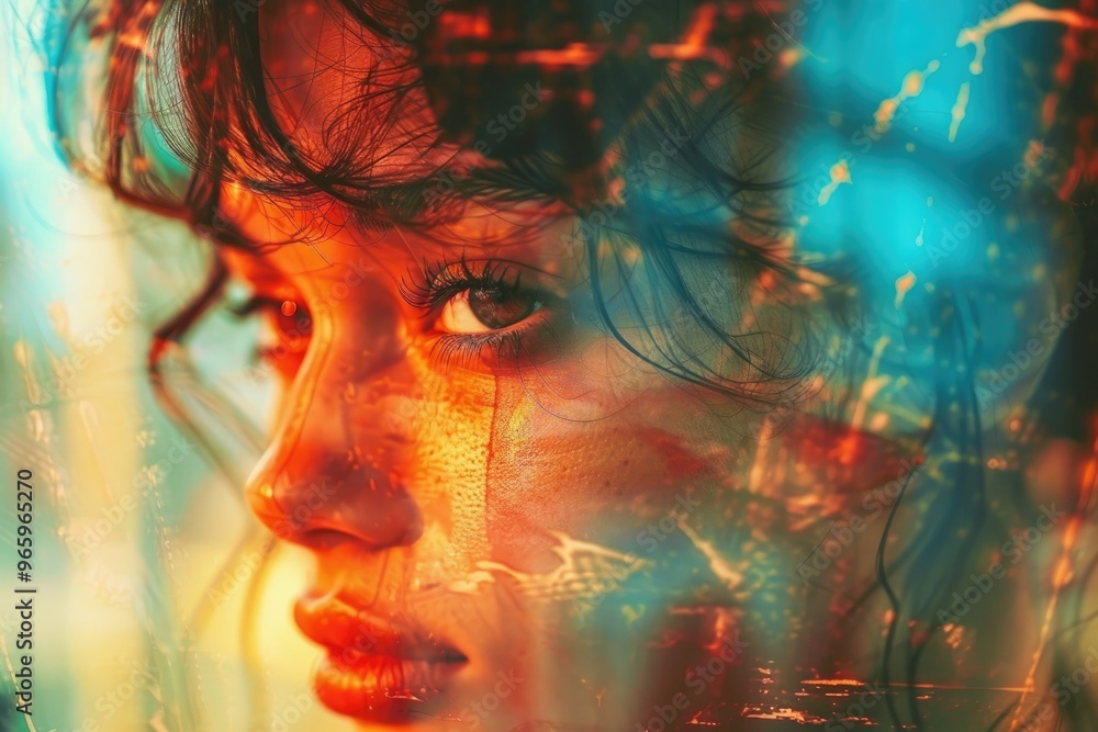 Fototapeta premium Close-up Portrait of Woman with Vibrant Abstract Light Effects