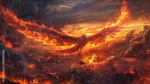 A majestic phoenix, symbolizing rebirth and hope, soars through a fiery and turbulent landscape filled with volcanic elements, showcasing resilience and transformation amidst chaos.