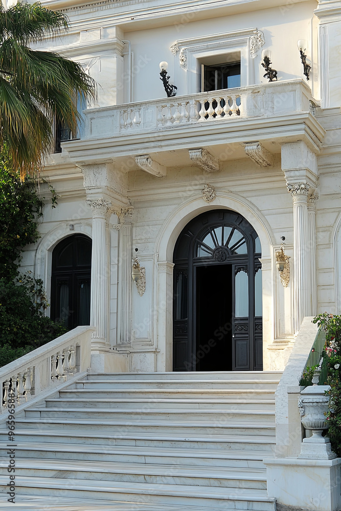 Obraz premium Elegant mansion with a grand entrance and marble steps 