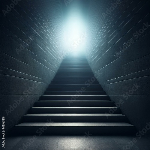 Concrete steps leading to a bright light in a dark room.