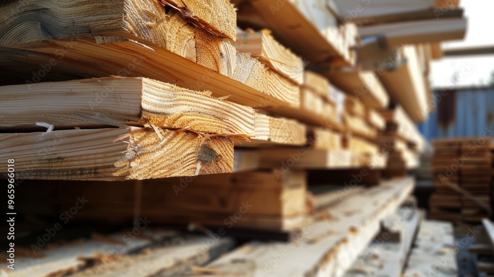 Freshly cut wooden planks arranged outdoors in different orientations, showcasing natural colors under sunlight. Sawdust visible, hinting at recent processing. Sky visible in background. Freshly cut wooden planks arranged outdoors in different orientations, showcasing natural colors under sunlight. Sawdust visible, hinting at recent processing. Sky visible in background.
