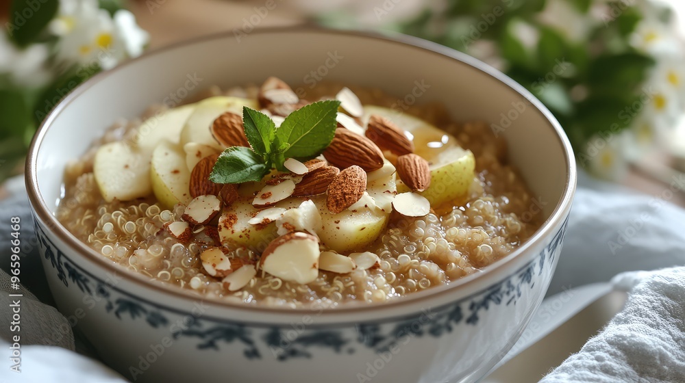 A warm bowl of spiced apple and quinoa porridge, topped with a handful of toasted almonds and a drizzle of maple syrup A warm bowl of spiced apple and quinoa porridge, topped with a handful of toasted almonds and a drizzle of maple syrup