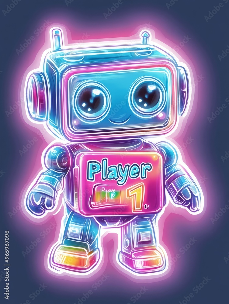 Fototapeta premium A cute robot with a neon glow, wearing a player one badge.