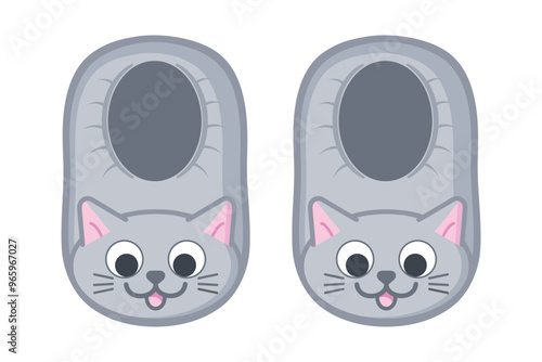 Cute cartoon cat slippers. House slippers with cat face. Vector illustration