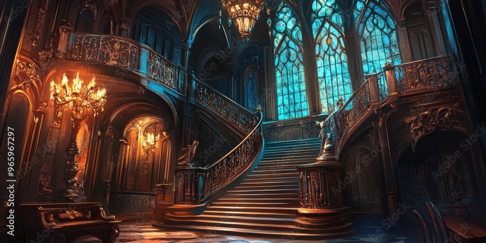 Obraz premium Ornate Staircase in a Grand Hallway with Stained Glass Windows