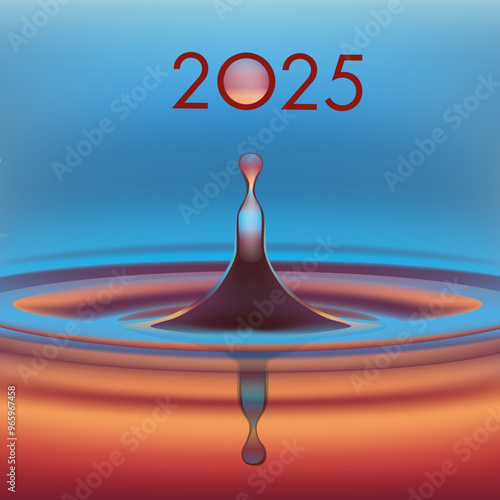 Carte de voeux écologique avec une goutte d’eau en suspension, symbole de pureté, qui forme le zéro de l’année 2025.