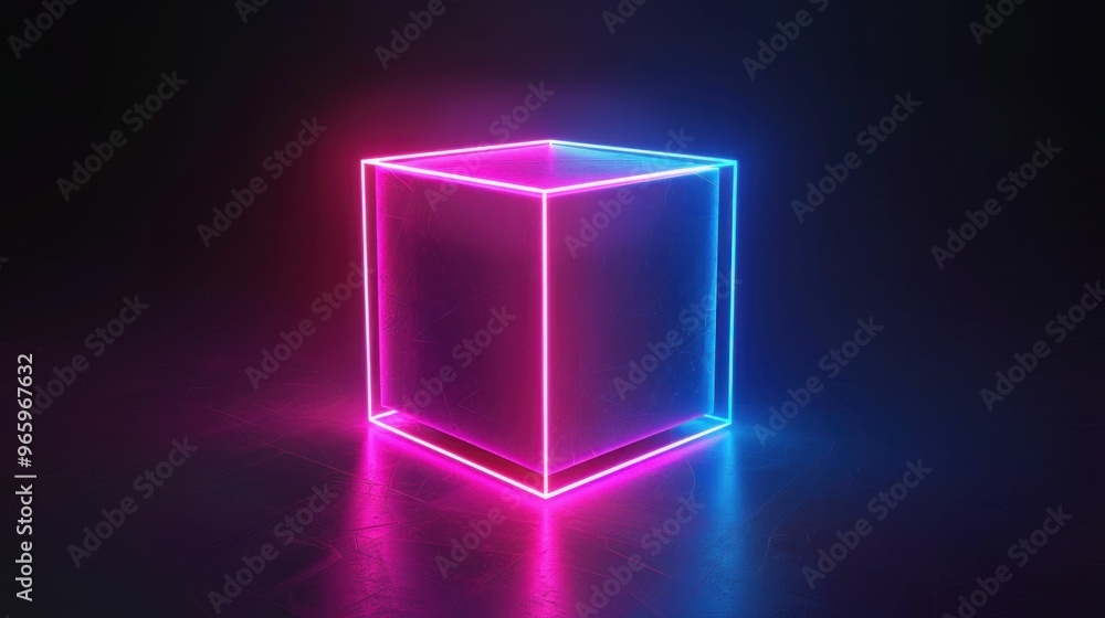 Neon glowing cube on a dark background with vibrant pink and blue edges Modern and futuristic design concept Neon glowing cube on a dark background with vibrant pink and blue edges Modern and futuristic design concept