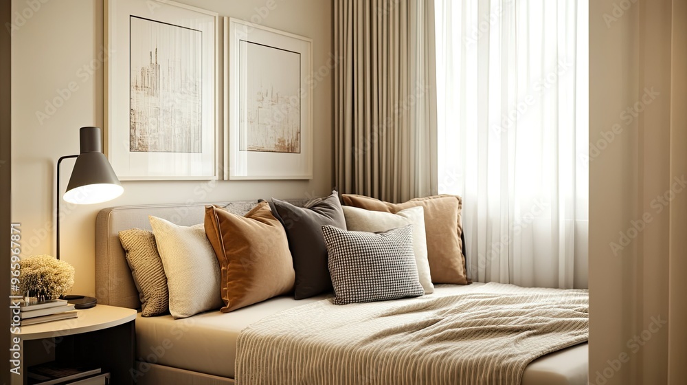 A small yet elegant bedroom featuring a daybed with chic throw pillows, light curtains, and a modern bedside table with a reading lamp. A small yet elegant bedroom featuring a daybed with chic throw pillows, light curtains, and a modern bedside table with a reading lamp.