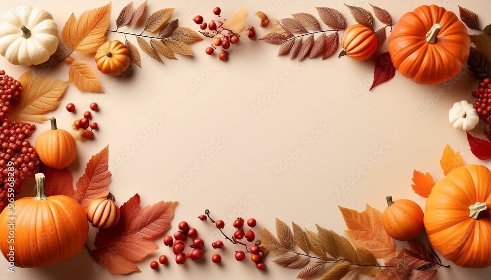 Obraz premium Fall leaves, pumpkins, and berries arranged in a frame on a cream background. Perfect for autumnal designs.