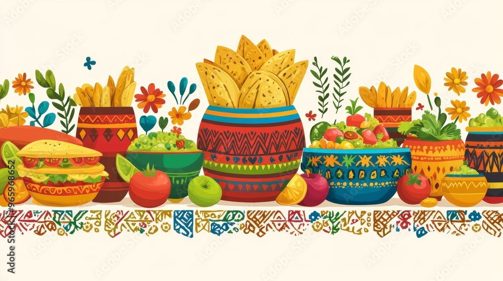 Fototapeta premium Vibrant Mexican Fiesta Food Display with Marigold Frame and Papel Picado Border on Beige Background for Custom Text Desi
