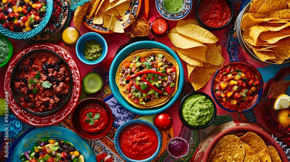 Fototapeta premium Fiesta of Flavors: Vibrant Mexican Food Display with Marigold Frame and Papel Picado