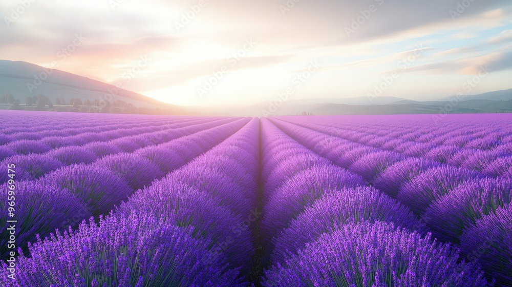 Obraz premium Serene landscape of vibrant lavender fields under a soft evening sky, perfect for relaxation and nature-themed backgrounds.