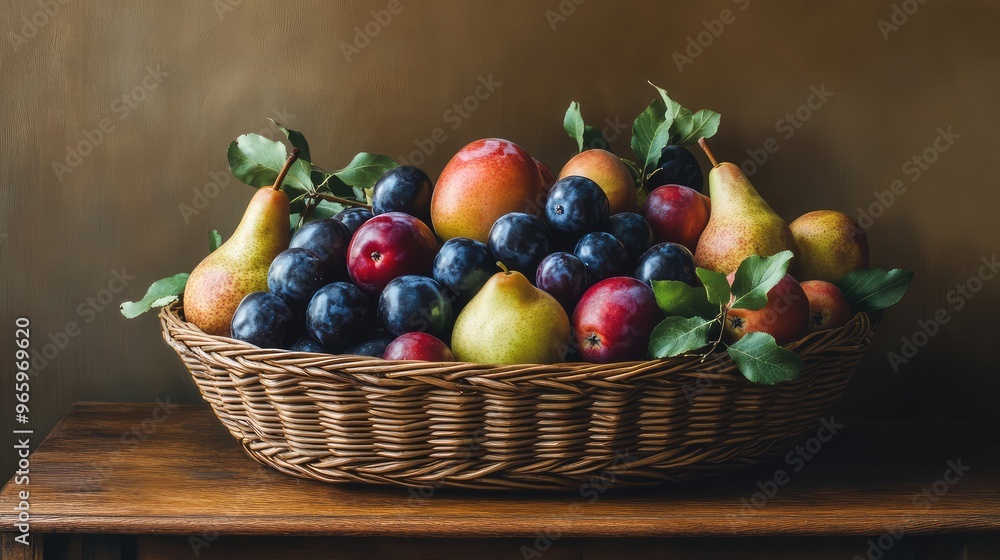 An assortment of freshly harvested fruits, including apples, pears, and plums, arranged in a wicker basket on a wooden table An assortment of freshly harvested fruits, including apples, pears, and plums, arranged in a wicker basket on a wooden table
