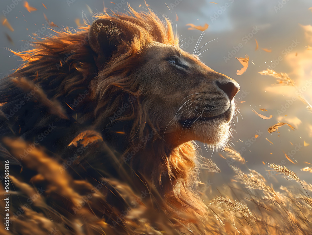 Majestic Lion Gazing Intently Surrounded by Autumn Leaves Majestic Lion Gazing Intently Surrounded by Autumn Leaves