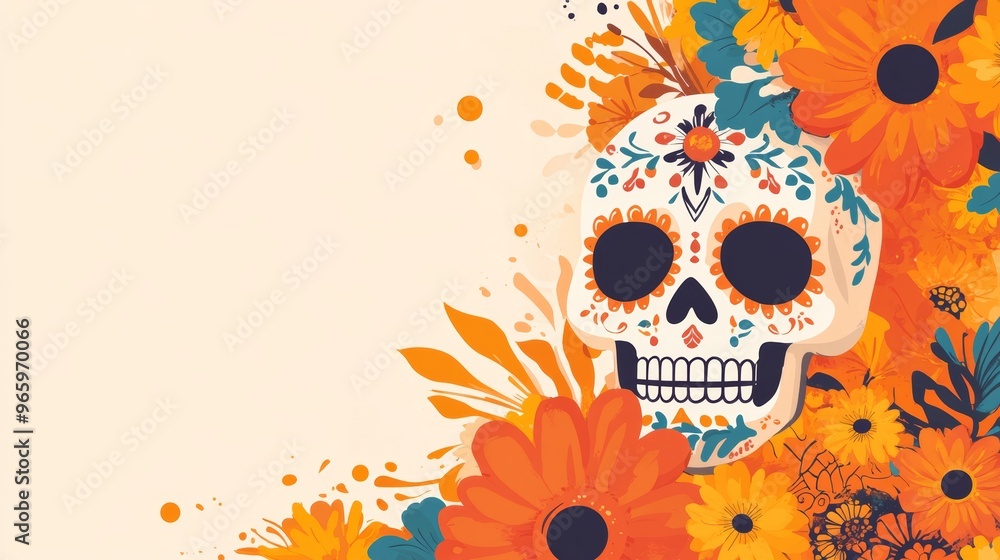 Vibrant Mexican Sugar Skull with Marigold Frame and Papel Picado Decorations on Beige Background for Day of the Dead Celebration Vibrant Mexican Sugar Skull with Marigold Frame and Papel Picado Decorations on Beige Background for Day of the Dead Celebration