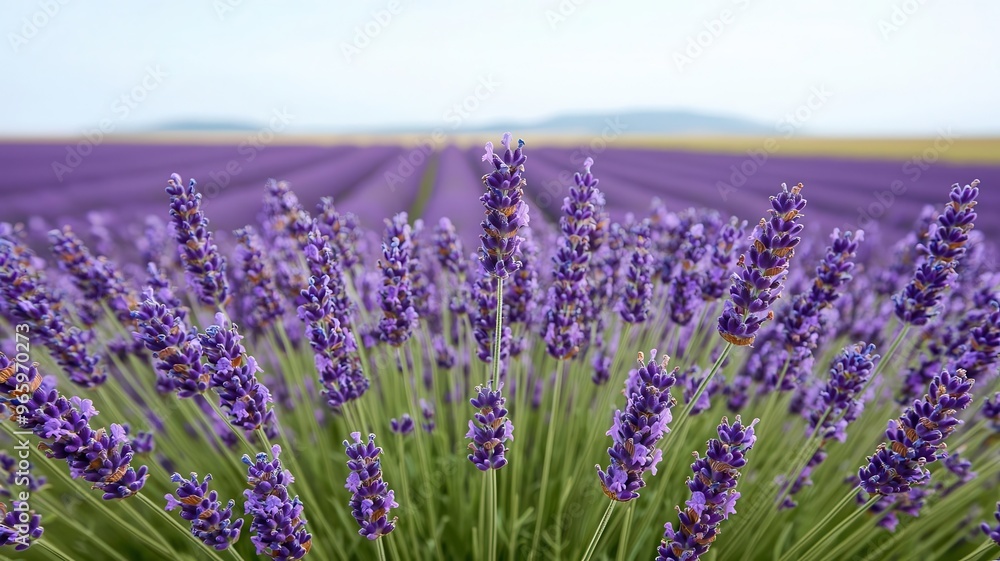 Naklejka premium A field of lavender in full bloom, with a clear blue sky and gentle breeze