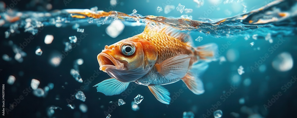 Goldfish swimming underwater with bubbles Goldfish swimming underwater with bubbles