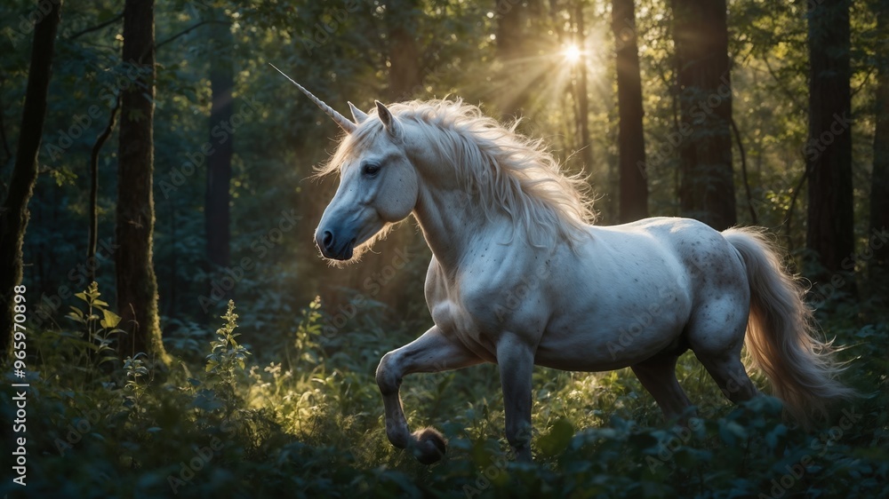 White unicorn running through forest at sunset fantasy concept White unicorn running through forest at sunset fantasy concept