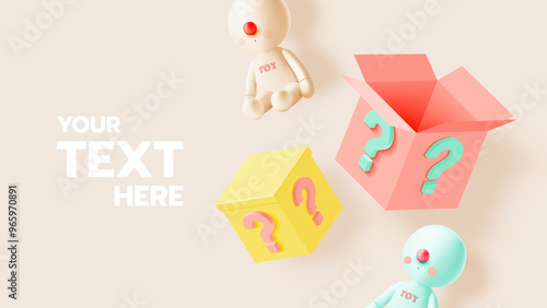 Creative Art Toy Figures with Mystery Boxes on Beige Background with Space for Text
