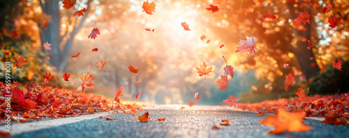 Beautiful asphalt road with dividing lines and with many colourful autumnal maple leaves falling from the trees in natural park. photo