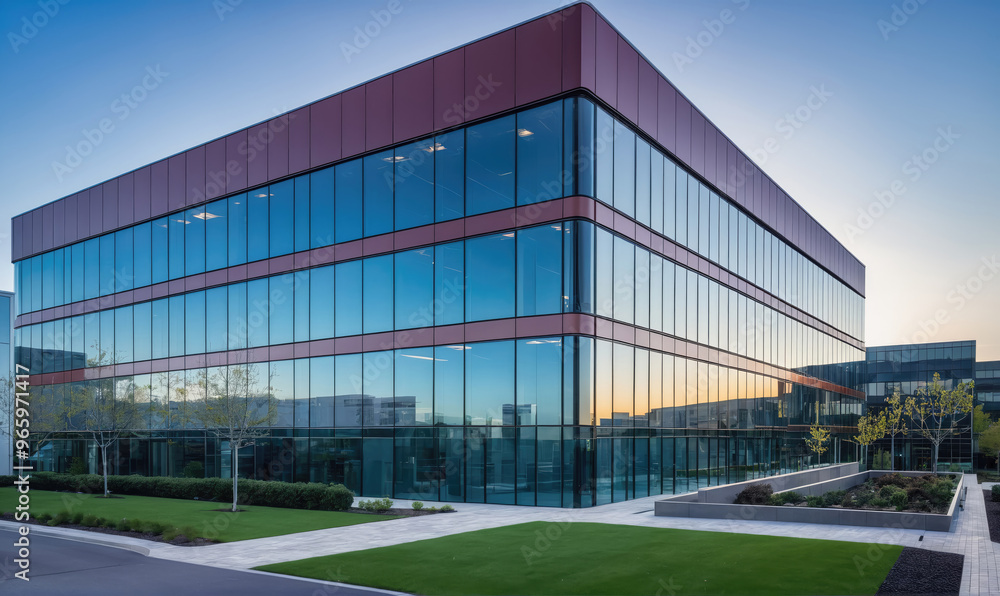 A modern office building with glass windows and a red roof stands in front of a blue sky with a few clouds A modern office building with glass windows and a red roof stands in front of a blue sky with a few clouds