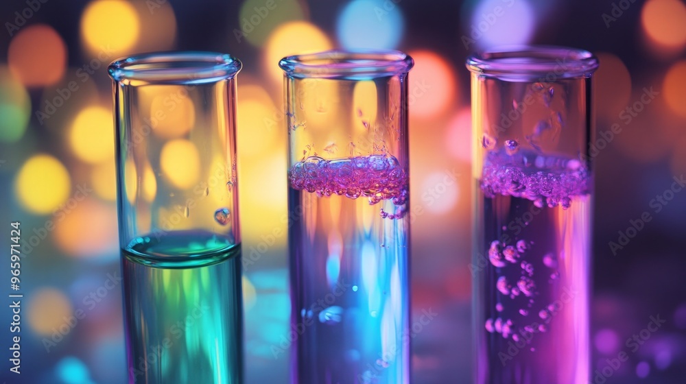 Close-up of chemical reactions in a test tube, vibrant colors with a blurred background of a lab, dynamic and energetic experiment Close-up of chemical reactions in a test tube, vibrant colors with a blurred background of a lab, dynamic and energetic experiment
