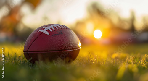 Uma bola de futebol bem trabalhada fica na grama com um fundo bokeh iluminado por um pôr do sol deslumbrante, incorporando o espírito dos esportes americanos e perfeita para qualquer entusiasta de es