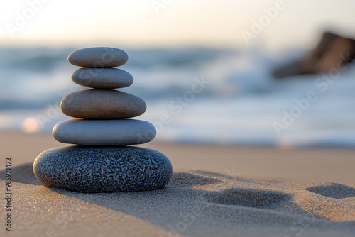 Balanced Stone Stack on a Serene Beach at Sunrise