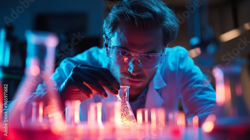 Scientist observing a bubbling reaction in a flask, dramatic lighting with a high-tech lab background, intense concentration