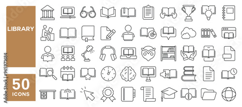 Set of 50 line icons related to library, book, reading, author, journal, bookshelf, online, knowledge, seminar, learn, literature, Editable stroke. Vector illustration