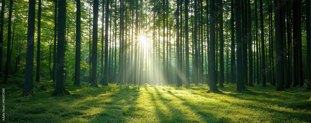 Obraz premium A peaceful forest with sunlight streaming through the trees, creating a dappled effect