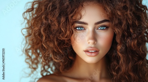 model with shiny smooth curly hair and radiant glowing tan skin highlighting natural beauty perfect for hair care and skincare products photo