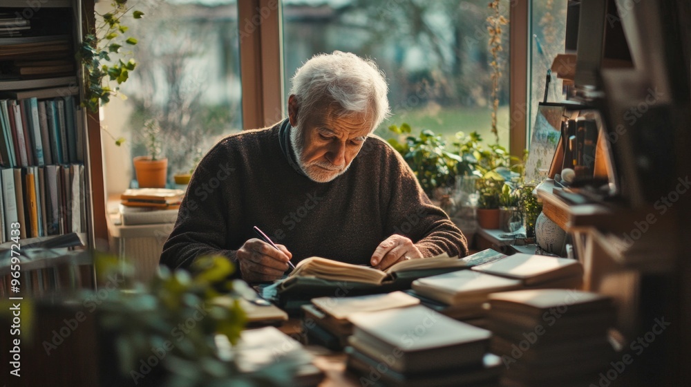 An elderly man sits in a cozy reading nook surrounded by books. He writes notes while enjoying the sunlight. This peaceful scene captures the beauty of literature and reflection. AI An elderly man sits in a cozy reading nook surrounded by books. He writes notes while enjoying the sunlight. This peaceful scene captures the beauty of literature and reflection. AI