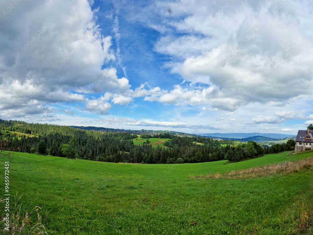 Rural landscape with lush green fields and farm house Rural landscape with lush green fields and farm house