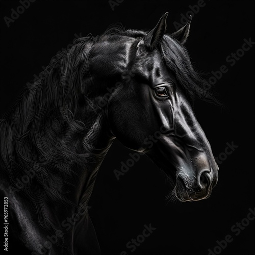 black horse on black background with shadow