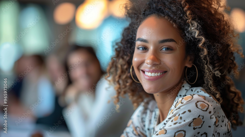 Smiling woman with curly hair in professional setting, showcasing confidence and engagement. Smiling woman with curly hair in professional setting, showcasing confidence and engagement.
