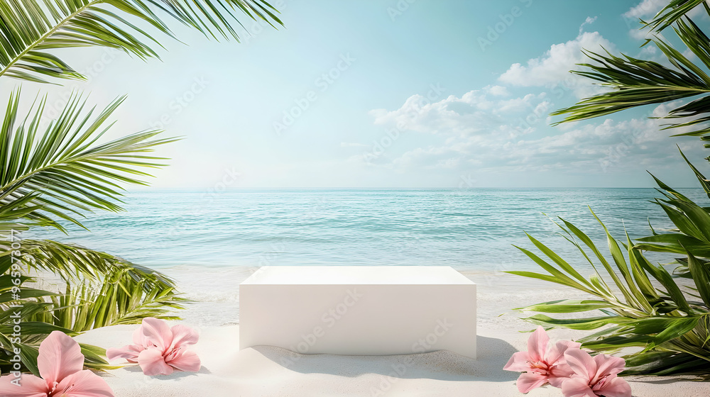 Minimalist white podium on sandy beach with tropical palm leaves and pink flowers. Minimalist white podium on sandy beach with tropical palm leaves and pink flowers.