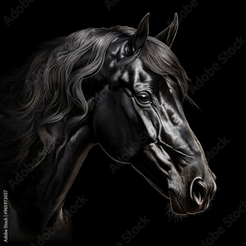 black horse on black background with shadow