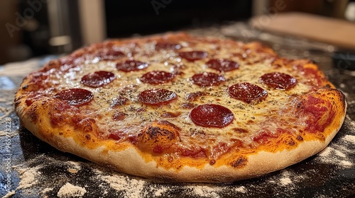 Cheesy pepperoni pizza fresh out of the oven, with bubbling cheese and crispy edges, ready to be devoured