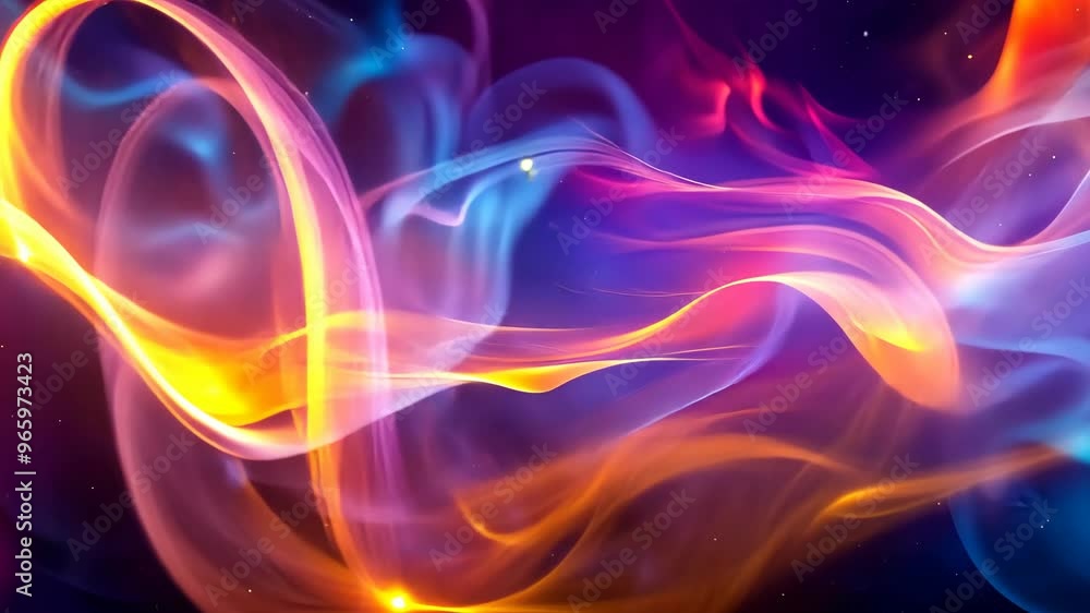 Colorful abstract swirls of light and energy flowing across a dark background during a nighttime digital display Colorful abstract swirls of light and energy flowing across a dark background during a nighttime digital display