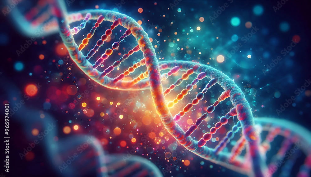 A DNA double helix structure against a blurred colorful background. The DNA strands are depicted with glowing vibrant colors showcasing the nucleotide bases and phosphate backbone A DNA double helix structure against a blurred colorful background. The DNA strands are depicted with glowing vibrant colors showcasing the nucleotide bases and phosphate backbone