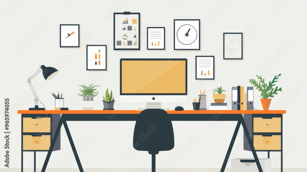 A modern office workspace featuring desk with computer, plants, and framed efficiency posters on wall, creating productive atmosphere. A modern office workspace featuring desk with computer, plants, and framed efficiency posters on wall, creating productive atmosphere.