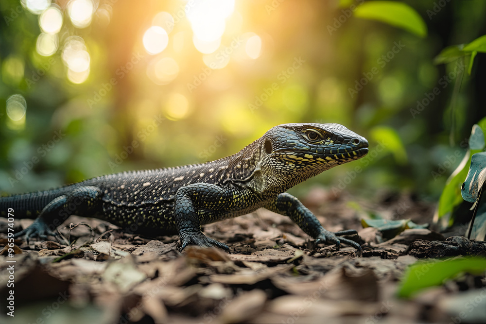 Obraz premium Monitor lizard crawling across a sunlit forest floor 